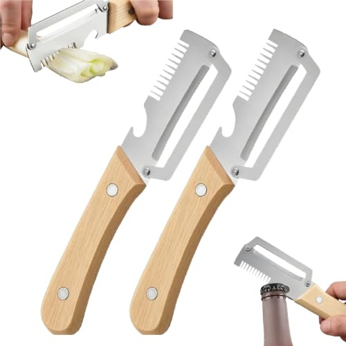 Set 2 Coltello Pelapatate Multifunzione - 2026 Nuovo pelas Patate Professionale Utensili Cucina 2 In 1 Lama In Acciaio Inossidabile Con Manico In Legno E Apribottiglie Per Frutta E Verdura