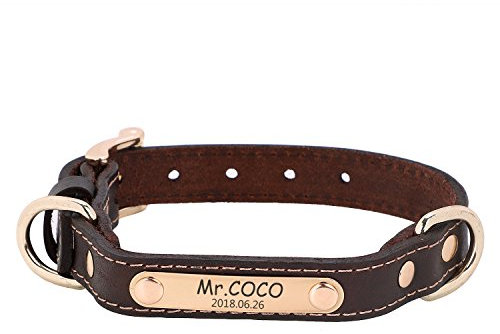 ITODA Halsband Weiches Leder Hundehalsband mit D-Ring für Hunde Metall Marke mit Gravur nach Wunsch Halsband in Verschiedene Größe und Farben für Spazieren Wandern Reise Outdoor Training Braun S