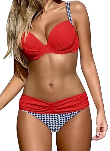 Ocean Plus Kvins Rändede Bikiniuppsett med Bröstpadda Bikini Push-up med Hängare Tvådelad Baddräkt (XL (EU 46-48), Rött och blått galler)