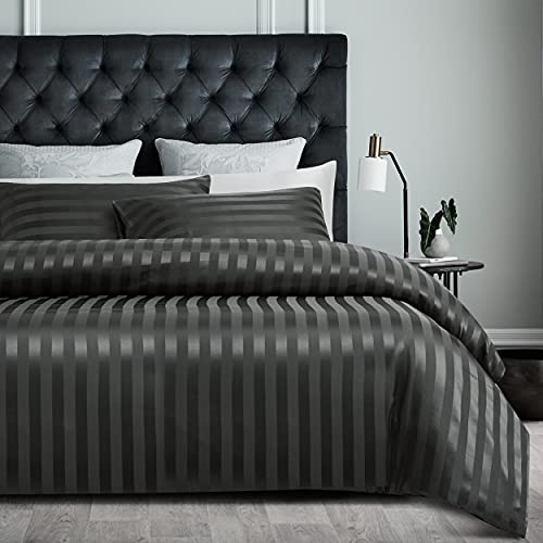 Damier Sängkläder 200 x 200 cm satin grå randiga sängkläder set 3 delar högkvalitativ enfärgad silkeslen glänsande påslakan med dold dragkedja och 2 örngott 80 x 80 cm, 200 x 200 cm