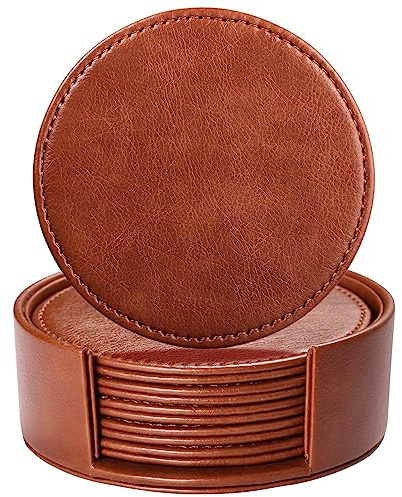 Lorteme Drink Coasters with Holder, 4 Leather Coasters for Drinks Set of 6 for Tabletop Protection, Elegant Home Decor & Handmade Housewarming Gift - Brown