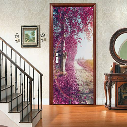 A.Monamour Türtapete Selbstklebend Türfolie Türposter 3D Herbstlandschaft Und Lila Baum Auf Der Straße Vinyl Folie Türdeko Tapete Wandbild Türaufkleber Türtattoo 77 x 200 cm