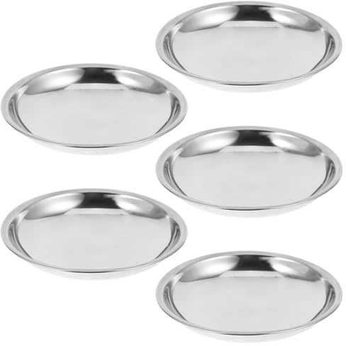 HOLIDYOYO Thickened Stainless Steel Round Sauce Dipping Plates 3.54 Inch Snack Serving Tray Set of 5 for Condiments Appetizers Parties Restaurants