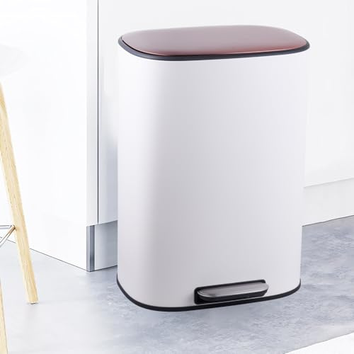 STARNINE Kitchen Bin 50L Stainless Steel Luxury Kitchen Bin Rose Gold Top Lid Pedal Dust Bin Rubbish Bin With Soft Closing Lid And Removable Inner Compartment (White/Rose Gold Top)