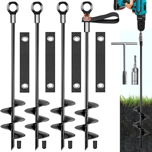 Fabulas Ground Anchors, Trampoline Stakes Anchors High Wind Heavy Duty 16 Inch 4 Pack, Screw in Spiral Trampoline Tie Down Anchor Kit with Straps for Shed Swing Set Hurricane Tent Dog Carport Playset