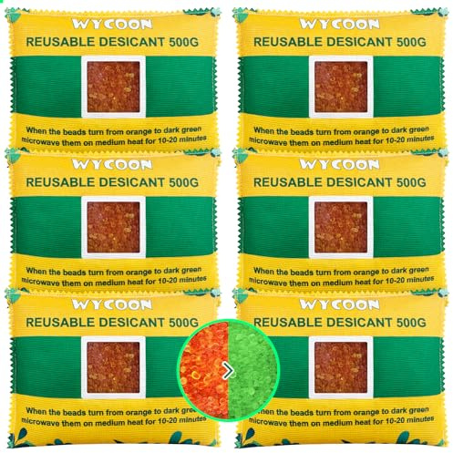 Rechargeable Desiccant Pack 6 x 500g, Moisture Absorber with Transparent Indicator Window, Desiccant Dehumidifier for Closet, Basement, Gun Safe, RV,Garage & Storage