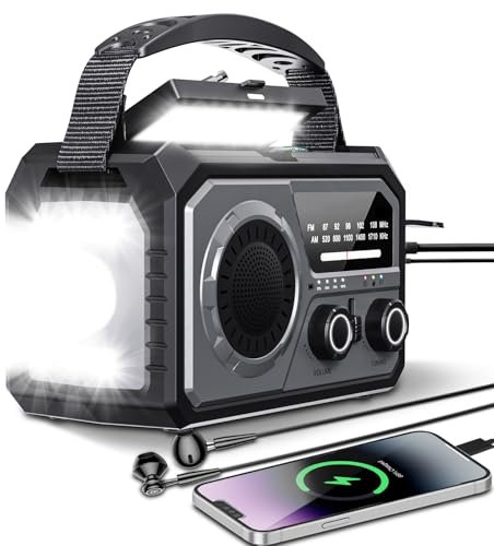 16000 Radio Solaire d'urgence,Ra dio Portative Manivelle,AM/FM Radio Solaire avec Boussole,Chargeur de Téléphone USB,Lampe de Poch,Alarme SOS pour Camping en Plein Air Randonnée (Gris)