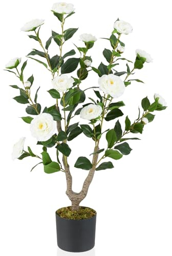 COSTWAY Camelia Plantas Artificiales Decorativas 90 cm, Planta Falsa con Flores en Maceta de Vivero, Árbol de Flores Artificiales de Decoración para Hogar Salón Porche (Blanco)