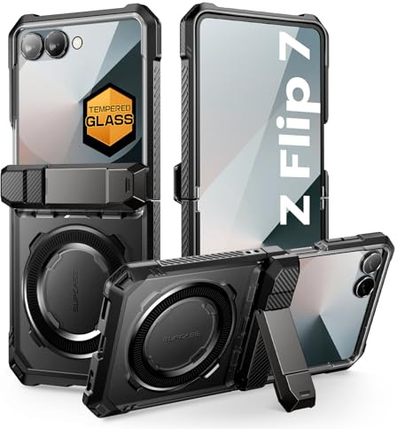 SUPCASE Fodral för Samsung Galaxy Z Flip 7 med stöd och Härdat glasskärmskydd [Kompatibelt med MagSafe] [Skydd för Gångjärn] – Genomskinligt Fodral (Genomskinlig-Svart)