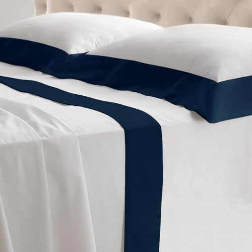 Riad Arredo Set Completo Letto Matrimoniale in 100% Cotone 180TC Italiano PERCALLE e Balze RASO - Set Lenzuola Morbidissime Tinta Unita con Balze in Raso SATIN Artigianali Made in Italy (Blu Royal)
