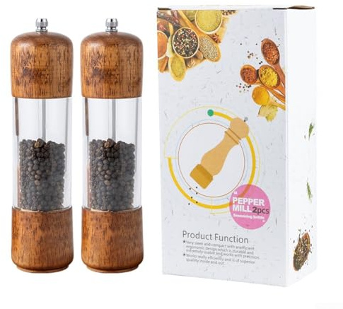 Molinillo de pimienta acrílico transparente y molinillo de sal manual de madera con mecanismo de molienda ajustable para cocina y comedor (juego de dos piezas de 8 pulgadas)