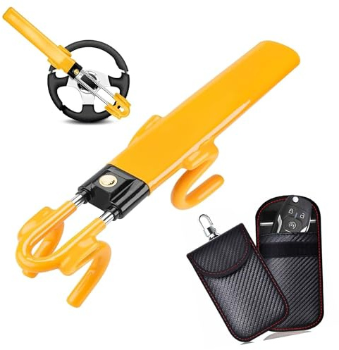 Steering Wheel Lock with Faraday Signal Blocker Pouch for Car Keys | High-Strength Anti-Cut Reinforced Alloy Steering Wheel Lock & Anti Theft Key Signal Blocker Pouch RFID Blocking Keyless Entry