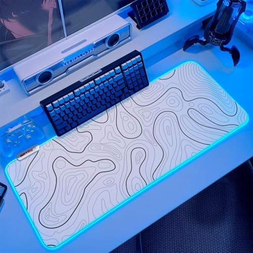JMIYAV White Topography Mouse Pad Gaming RGB Mouse Mat Non-Slip Rubber Base Extra Large LED Cool Mousepad XL XXL Computer Desk Pad Gaming Accessories Light Up Extended Big Mouse Pad for Gamer 80*30cm