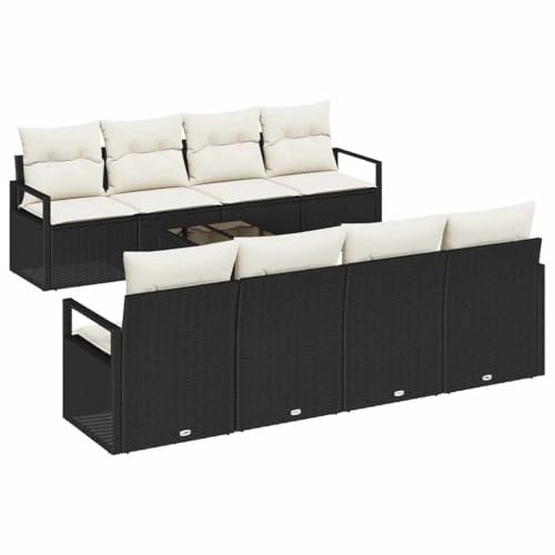 pokgdf Modernes Garten Sofa Set Poly Rattan mit Kissen und Glas Tisch, 7-teiliges Gartenmöbel Set Poly Rattan Sofa und Glas Tisch mit flachen Armlehnen für Terrasse