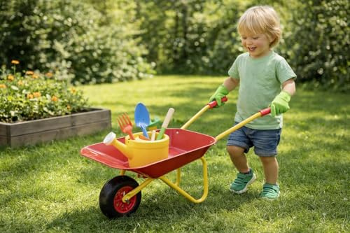 Kinder Schubkarren Set 7-Teile Metall & Holz Gartenspielzeug mit Schubkarre, Schaufel, Harke, Forke, Gießkanne & Handschuh stabile Spiel-Schubkarre rot/gelb Outdoor Spielzeug für Kinder ab 3 Jahren