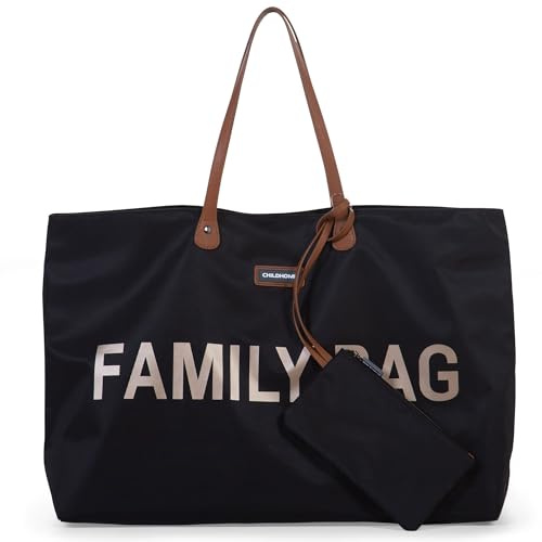 CHILDHOME, Family Bag, skötväska, resväska, weekendväska, stor kapacitet, löstagbar ficka ingår, svart och guld