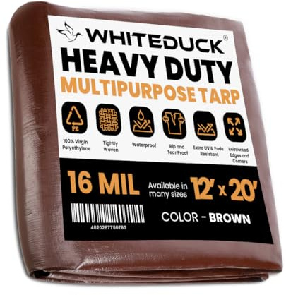 WHITEDUCK Super Heavy Duty Poly Tarp Cover 16 Mil & 10 Mil with Grommets and Reinforced Edges (Brown, White & Silver Black) (Brown- 16 Mil, 12' x 20')