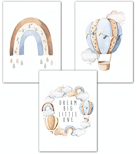 Lemmami Papeterie 3er Set Boho Deko Wandbilder Kinderzimmer Babyzimmer Poster Bilder Mädchen Junge Dream Big Little One (Blau Heissluftballon Regenbogen)