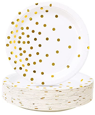 CENLBJ White and Gold Party Supplies, Gold Dot Paper Dessert Plates (50-Count)