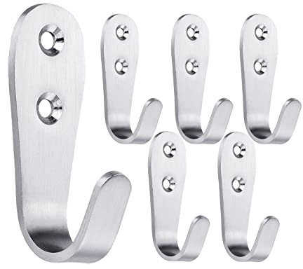 Mokife Garderobenhaken Edelstahl Gebürstet, 6 Stück Silber Groß J Kleiderhaken Schwerlast Wandhaken Metall Einzeln Haken 3mm Dick Mehrzweckhaken mit Schrauben