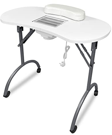Froadp Table de Manucure Pliable avec Aspirateur, Table Mobile de Studio avec roulettes, Coussin pour Les Mains, Tiroir et Pochette de Rangement, Table de Manucure pour Salon de Beauté (Blanc)