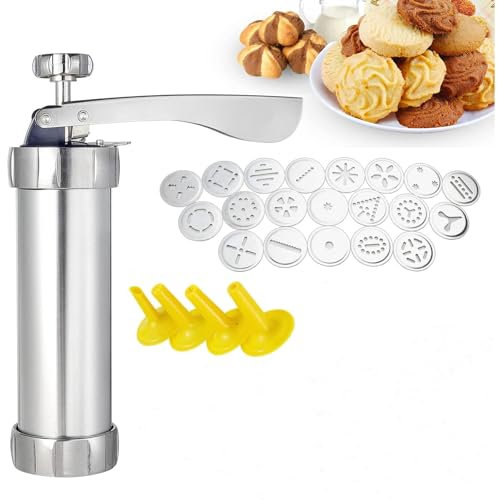 Hagmoo Stainless Steel Cookie Press,Featuring 20 Decorative Stencil Discs and 4 Icing Tips,Deluxe Spritz Cookie Press Gun,Cookie Maker,Comes with an Exclusive Recipe