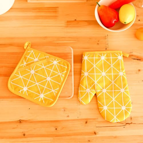 Ensemble Gant de Cuisine de Coton et de Lin en Motif Jaune (26cm x 17cm) et Manique (17cm x 17cm) pour BBQ Cuisson Cuisson Grill Micro-Ondes Automne Hiver