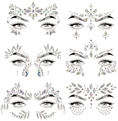 OWill 6 Stück Gesichtssteine selbstklebend, glitzersteine Gesichtstattoo, strasssteine zum kleben für Halloween, Weihnachtsparty, Festivalaccessoires (silber)