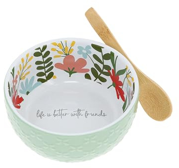 Pavilion Gift Company- Friends - 11oz 4.25 Floral Bowl and Spoon Set - Friend Family Appreciation Sentimental Housewarming Spring Kitchenware Serveware