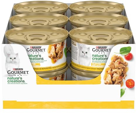 GOURMET NATURE'S CREATIONS Cibo Umido per Gatti Adulti Filettini con Pollo guarnito con spinaci e pomodori 12 lattine da 85g