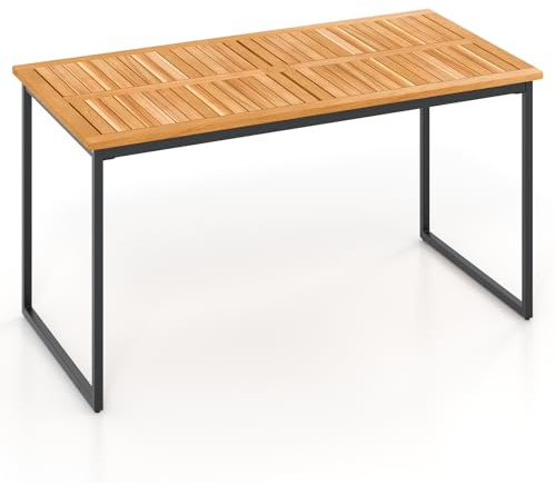 COSTWAY 1.4m Outdoor Dining Table, 6-Person Acacia Wood Garden Table with Slat Tabletop, Umbrella Hole, Metal Legs & Adjustable Foot Pads, Rectangular Bistro Patio Table (140 x 70 x 73 cm)