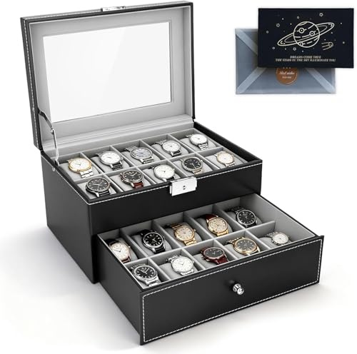 Caja de Relojes,Caja para de Relojes con Dos Capas,Estuche Relojero Organizador,con tapa de cristal,funda de PU en negro, regalo para un amigo, Día del Padre
