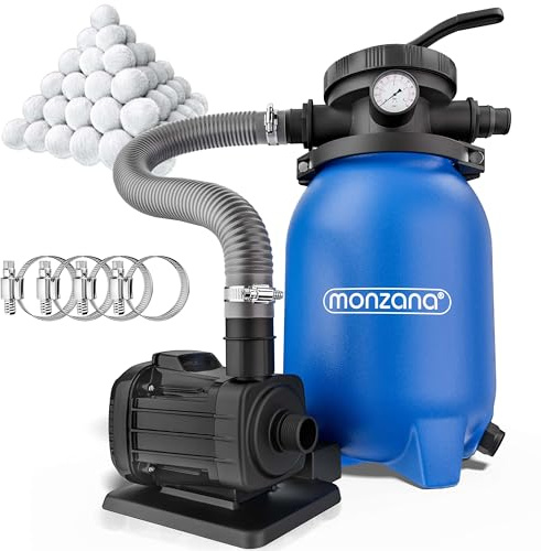 MONZANA® Sandfilteranlage MZPF180 5000 l/h bis 15.000L Pool mit Filterbällen 7 Wege Ventil 2in1 Adapter Ø32-38mm 180W Filteranlage Pumpe Filterkessel