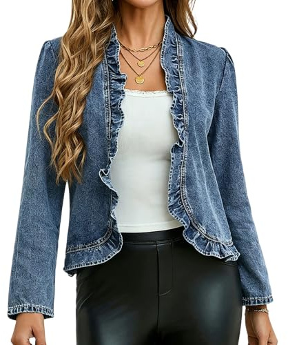 Dam Volang Denimjacka Öppen Fram Beskuren Jeansblazer Casual Kappa