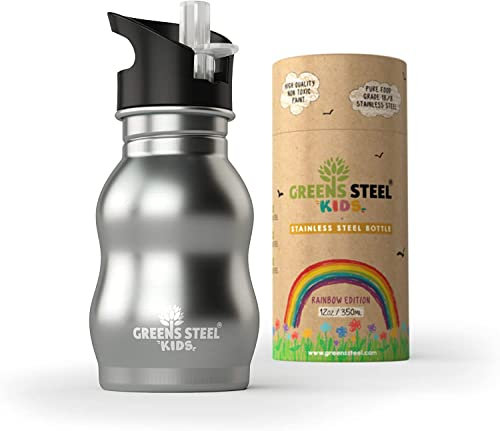 Kids Water Bottle - 350ml, Silver | Stainless Steel | Upgraded Leak Proof Lid With Straw & Handle for Children | Easy Sip Toddler Cup | Eco Friendly Drinks Bottle | Great for a Lunch box or Gift