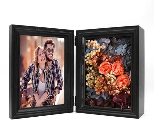 WANLIAN 5x7 Double Hinged Picture Frame, Flowers Shadow Box Display Case for Wedding Bouquet Memorabilia Photos, Folding Picture Frames with Glass Front Stand Vertical on Tabletop - Black