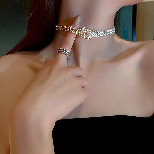 PAIHUIART Halskette Pulloverkette Ketten Schmuck Frauen Anhänger Necklace Korean Style Pearl Crystal Halsketten Für Frauen Kurzkettige Strass Halsketten Statement Schmuck Gold-Farbe
