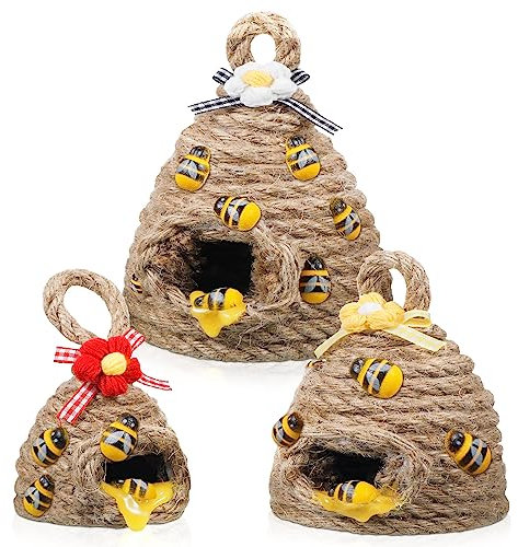 Jutom 3 Pieces Bee Hive Decor Honey Bee Tiered Tray Decor Summer Spring Honeycomb Decorations Mini Jute Beehive Farmhouse Kitchen Decoration for Table Shelf Sitter Home Coffee Bar Themed Party