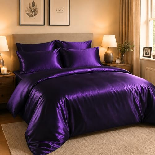 Hadi London Satin Silk 6 Piece Complete Bedding Set with Silky Deep Fitted Sheet Reversible Duvet Cover Comforter & 4 Pillowcases for Single Double King Super King Size Bed (Aubergine, Double)