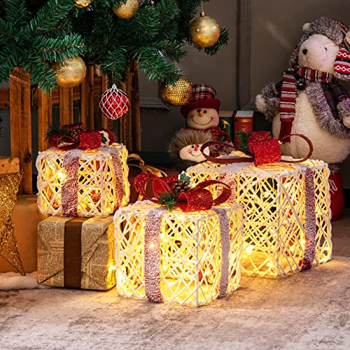 GOPLUS 3er Set LED Geschenkbox, Weihnachtsboxen Deko mit 60 LED-Lichtern & Timer, beleuchtete Weihnachtsdeko Boxen mit Schleifen & Tannenzapfen für Weihnachtsbaum Zuhause Schaufenster Gartenrasen