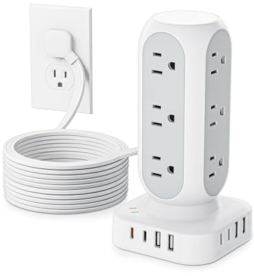 Flat Plug Power Strip Tower 10FT, 40W Total Fast Charging Station, Dual PD 20W USB-C Surge Protector with 12 AC Outlets and 8 USB Ports (4 USB C), Long Extension Cord for Home Office Dorm Room