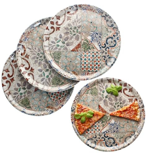 MamboCat Alcazar Lot de 4 assiettes à pizza Ø 33 cm pour 4 personnes Grandes assiettes en porcelaine avec aspect carrelage méditerranéen pour pizzas ou pour servir