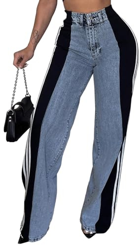Angsuttc Spring Jeans for Women 2025 Patchwork Stripes Denim High Waisted Straight Wide Leg Trendy Jean