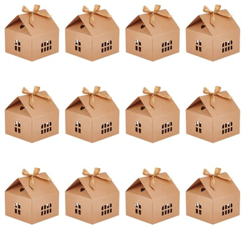 BENECREAT 20 Packung Kleine Geschenkboxen In Hausform Mit Band, 12.5x12.5x13.5 cm Papier Box Für Hochzeit Baby Dusche Geburtstag Party, Weizen