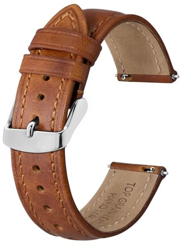 BISONSTRAP Retro Correas de Reloj de Cuero para Hombres, Correa de Repuesto de Piel de Becerro Encerada con Aceite, Liberación Rápida, 18mm, Marrón Caramelo (Hebilla Plateada)