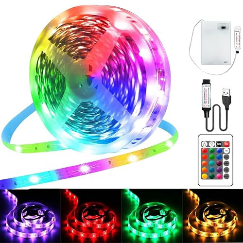 Ruban Led 5m, RGB 5050 Bande LED Alimenté par Batterie ou USB, Dimmable 16 couleurs Led Bande avec Télécommande pour Chambre, Salon, Rétroéclairage TV, Bar, Fête