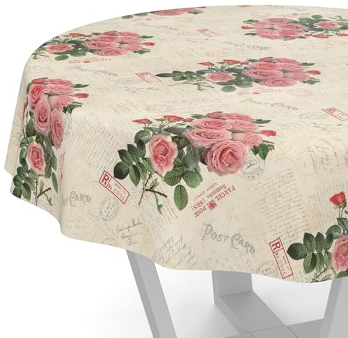ANRO Wachstuchtischdecke Wachstischdecke Wachstuch Tischdecke abwaschbar Gartentischdecke Postkarte Rosen Rund 140cm Schnittkante
