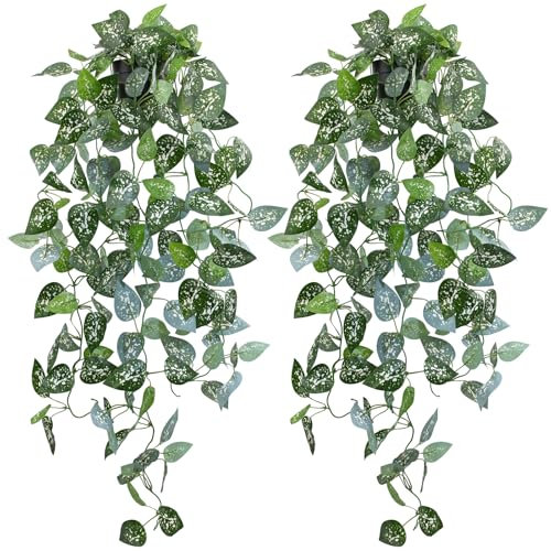 LOYWREE Pequeñas plantas artificiales colgantes en maceta, hiedra sintética en maceta negra, potos colgantes para estantes, hogar, oficina, interior, exterior, jardín, casa, decoración de boda