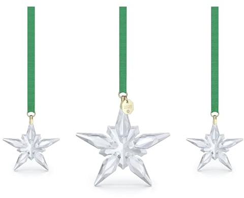 Swarovski Annual Edition Ornament Set 2025, 3-teiliges Set mit Klaren Sternen, 570 Facetten und Grünem Ripsband, Großes Ornament: 7.7 x 1.3 x 7.2 cm, Kleines Ornament: 4.9 x 0.8 x 4.3 cm
