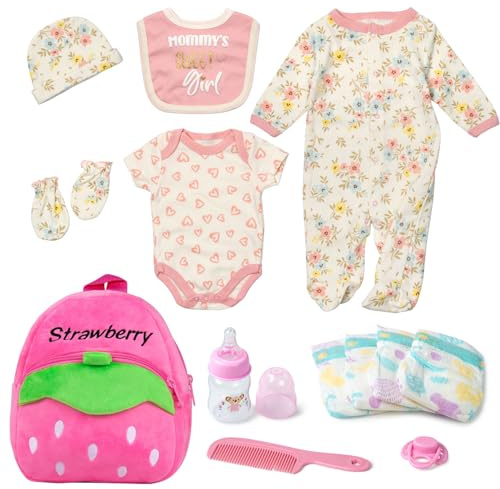 Reborn Baby Doll Clothes 17-22 Inch Girl Floral Outfit Realistic Babydolls Clothes with Backpack Accessories 13-Piece Set Pink Diapers Bag Reborn Doll Stuffs